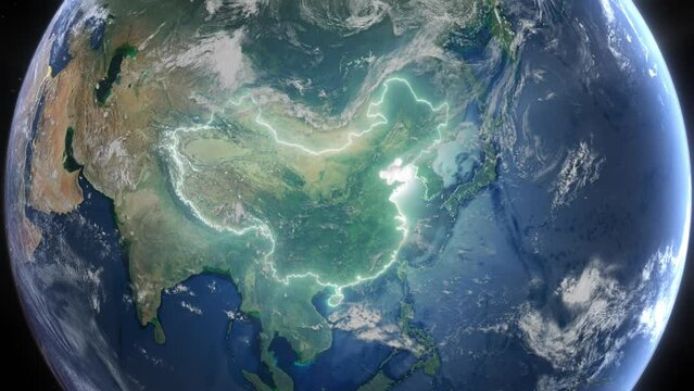 Realistic Earth Orbit and Zoom Glowing Borders China