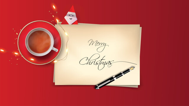 Top View of Merry Christmas lettering on paper sheet with inkpen. Realistic vector christmas object composition 