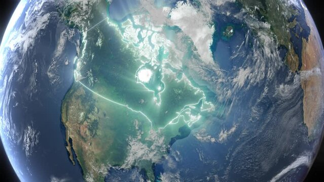 Realistic Earth Orbit and Zoom Glowing Borders Canada