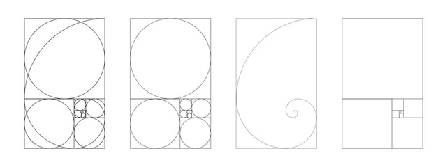 Golden ratio template set. Balance, harmony proportions. Golden section. Fibonacci array, numbers. Outlined vector illustration. - obrazy, fototapety, plakaty