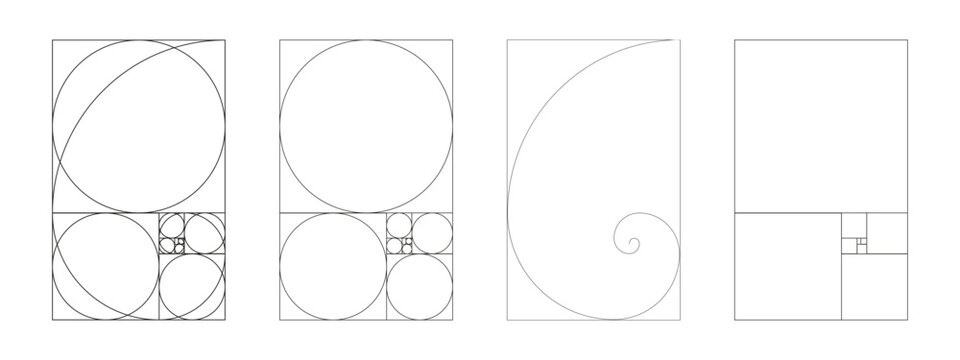 Golden ratio template set. Balance, harmony proportions. Golden section. Fibonacci array, numbers. Outlined vector illustration.