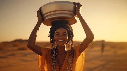 A young Sudanese woman, light-skinned, beautiful smile, carrying a bucket on her head. in Sudan amid drought But still maintains natural beauty