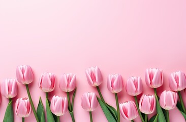 spring blossoms, pink background with pink tulips (Tulipa gesneriana) on the bottom with copy space