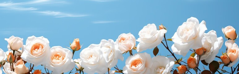 spring blooming, branch of white roses with blue sky in the background