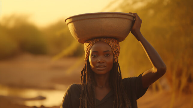 A young Sudanese woman, light-skinned, beautiful smile, carrying a bucket on her head. in Sudan amid drought But still maintains natural beauty