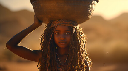 A young Sudanese woman, light-skinned, beautiful smile, carrying a bucket on her head. in Sudan amid drought But still maintains natural beauty