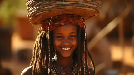 Fototapete Heringsdorf, Deutschland A young Sudanese woman, light-skinned, beautiful smile, carrying a bucket on her head. in Sudan amid drought But still maintains natural beauty