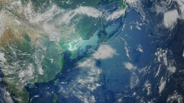 Realistic Earth Orbit and Zoom Glowing Borders North Korea