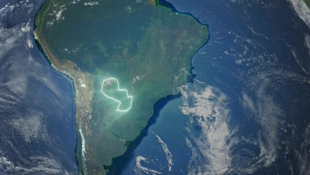 Realistic Earth Orbit and Zoom Glowing Borders Paraguay