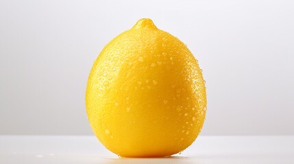 A single lemon, its zesty yellow skin detailed with pores and imperfections, standing out against a white scene.