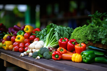 Bright fresh vegetables and fruits on the counter of a street vegetable market. Vegetarian diet ingredients and healthy eating products