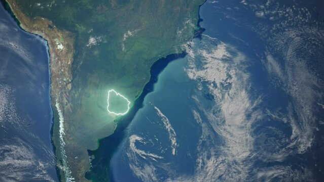 Realistic Earth Orbit and Zoom Glowing Borders Uruguay