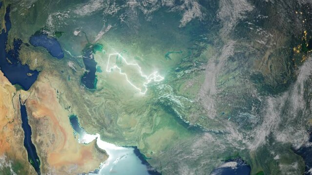 Realistic Earth Orbit and Zoom Glowing Borders Uzbekistan