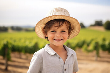 Medium shot portrait photography of a pleased child boy that is wearing winery tour outfit, sun hat against touring a beautiful vineyard background