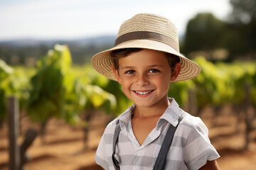 Medium shot portrait photography of a pleased child boy that is wearing winery tour outfit, sun hat against touring a beautiful vineyard background