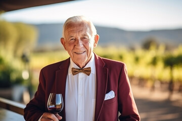 Medium shot portrait photography of a pleased man in his 80s that is wearing wine tasting attire, elegant against wine tasting at an elegant vineyard background