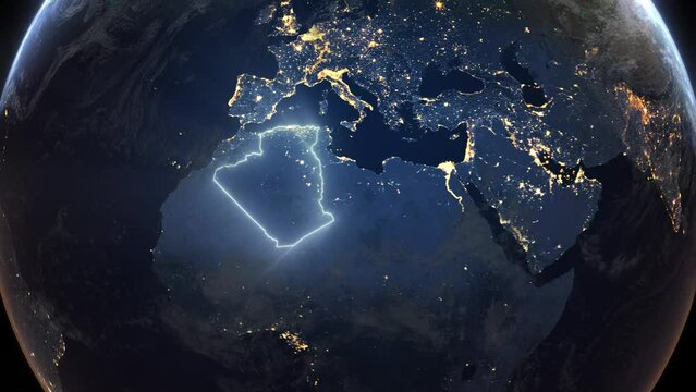 Realistic Earth Orbit and Zoom Glowing Borders Algeria