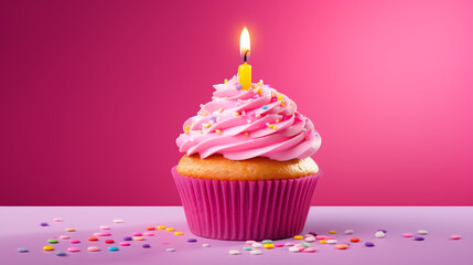 Birthday cupcake with a candle on a light pink background created with Generative Ai