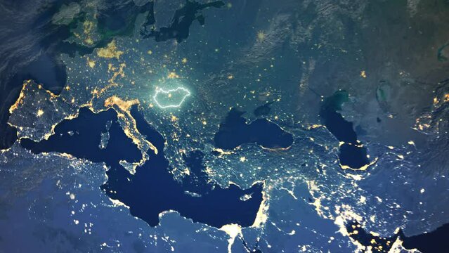 Realistic Earth Orbit and Zoom Glowing Borders Hungary
