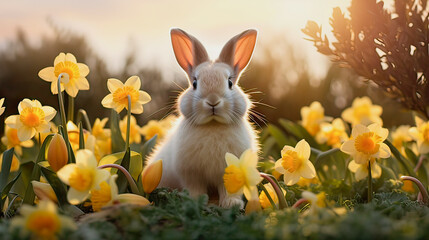 a rabbit is sitting in a young green grass in a meadow among yellow flowers
