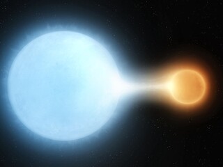 Gravitational interaction of two suns. Tight binary system. A giant star absorbs gas from the surface of another star.