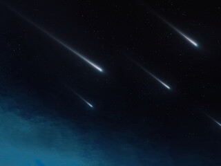A stream of meteors lights up the night sky. Meteoroids against the background of stars. Shooting stars on a dark background.