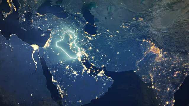 Realistic Earth Orbit and Zoom Glowing Borders Iraq