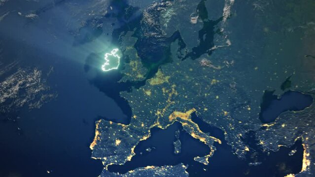 Realistic Earth Orbit and Zoom Glowing Borders Ireland