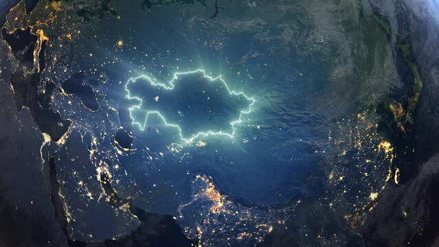 Realistic Earth Orbit and Zoom Glowing Borders Kazakhstan