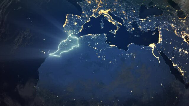 Realistic Earth Orbit and Zoom Glowing Borders Morocco