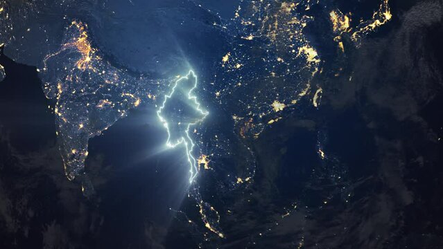 Realistic Earth Orbit and Zoom Glowing Borders Myanmar Burma