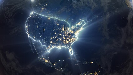Realistic Earth Orbit and Zoom Glowing Borders United States - Powered by Adobe