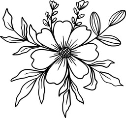 Hand-drawn floral arrangement outlines flowers and leaves bouquet