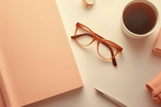 Notepad glasses and pen on the table, workspace in peach fuzz color.