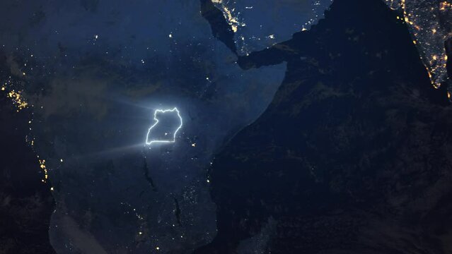 Realistic Earth Orbit and Zoom Glowing Borders Uganda