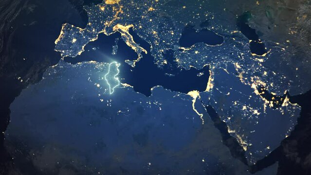 Realistic Earth Orbit and Zoom Glowing Borders Tunisia