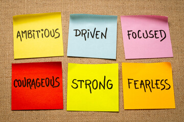 inspirational power words - ambitious, driven, focused, courageous, strong and fearless - set of...