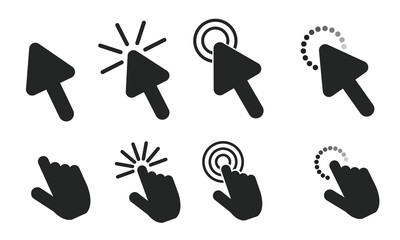 Click icon set. Mouse pointer icon set. Arrow cursor. Arrows or hand cursors tools. Pointer icon vectors and hand cursor icon vectors.