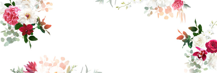 Floral vector banner. Hand painted plants, flowers, leaves on white background. Greenery botanical wedding invitation