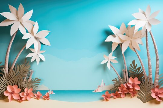 A painting of flowers and palm trees on a beach