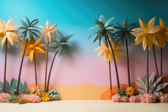 A group of fake palm trees sitting next to each other