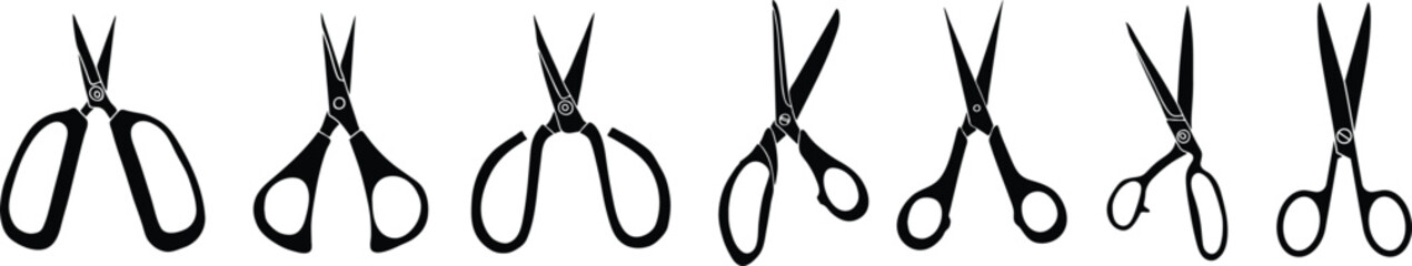 Scissior icon set. Hairdresser or barber scissors. Hair cut or tailor instrument. Vector illustration. - obrazy, fototapety, plakaty