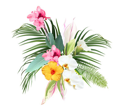 Pink canna flower, white orchid, calla lily, anthurium, yellow hibiscus, tropical leaves design vector bouquet