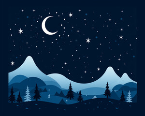 A minimalist starry night sky with a moon. Flat clean illustration style - obrazy, fototapety, plakaty