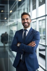 Fototapeta premium A man in a suit standing in front of a glass wall