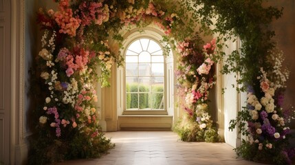 Fototapeta na wymiar A sweeping arc of wall flowers, acting as a natural archway in a spacious hallway.