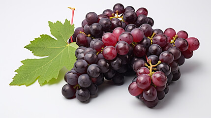 Fototapeta premium Bunch of grapes with leaves on white copy space created with Generative Ai