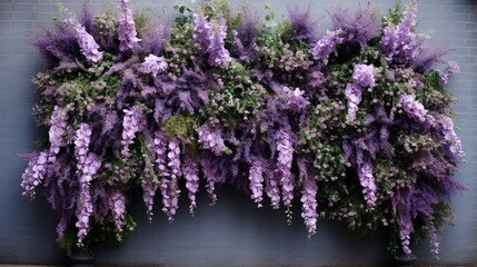 A symmetrical arrangement of lavender wall flowers, bringing an element of nature into an urban setting.