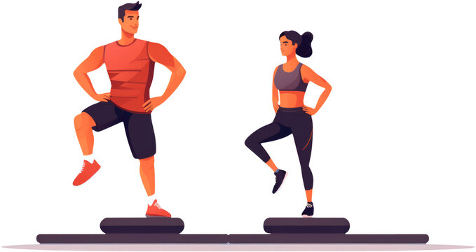 Couple in workout gear doing step aerobics on platforms