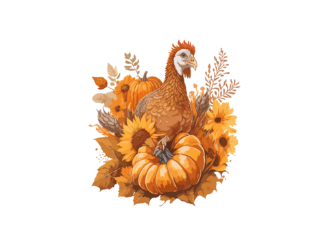 turkey with fall pumpkin and sun flowers illustration , Png Clipart.